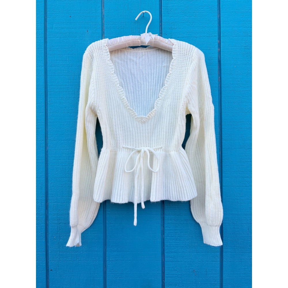 Scallop Ruffle V-Neck Peplum Ribbed Knit Sweater Balloon Sleeve Drawstring Waist